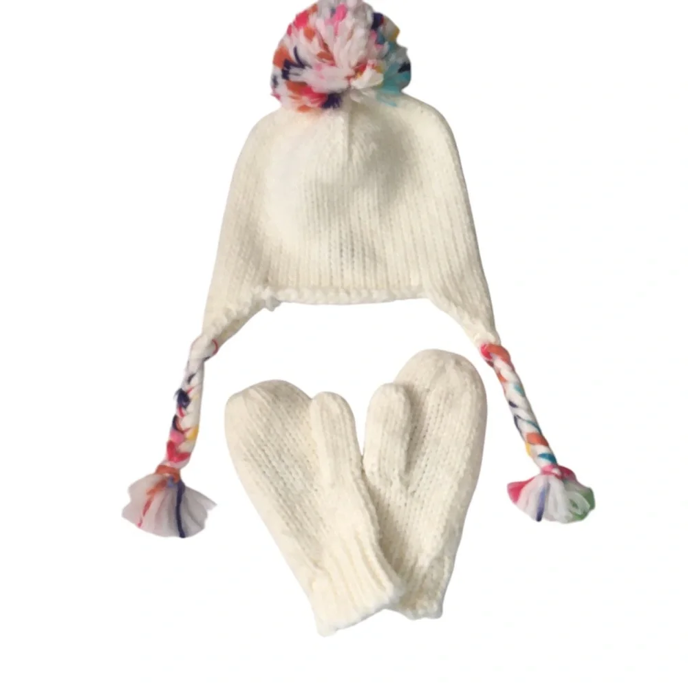 Colorful Pom-Pom Knit Hat and Mittens Set